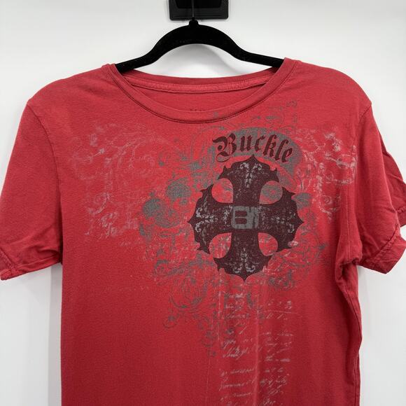 Buckle Shirt Womens Extra Large Red Graphic Cross Faded Made in USA Y2K Mallcore - Picture 2 of 9